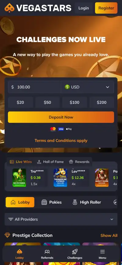 Current Vegastars mobile-browser interface on a narrow phone viewport