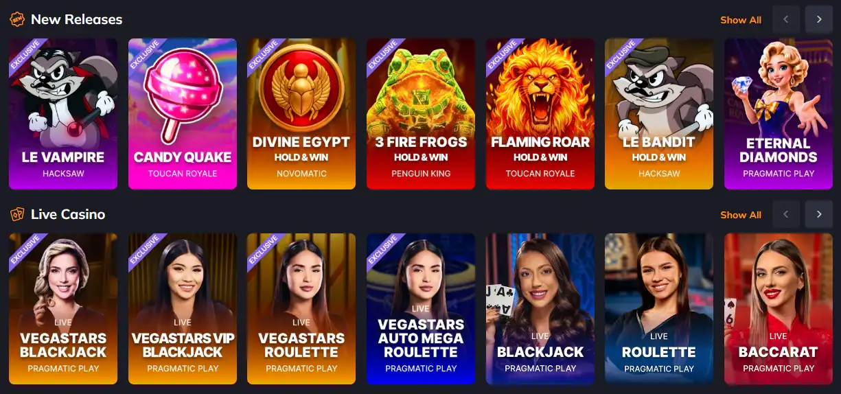 Current Vegastars game lobby showing casino categories and provider-based browsing
