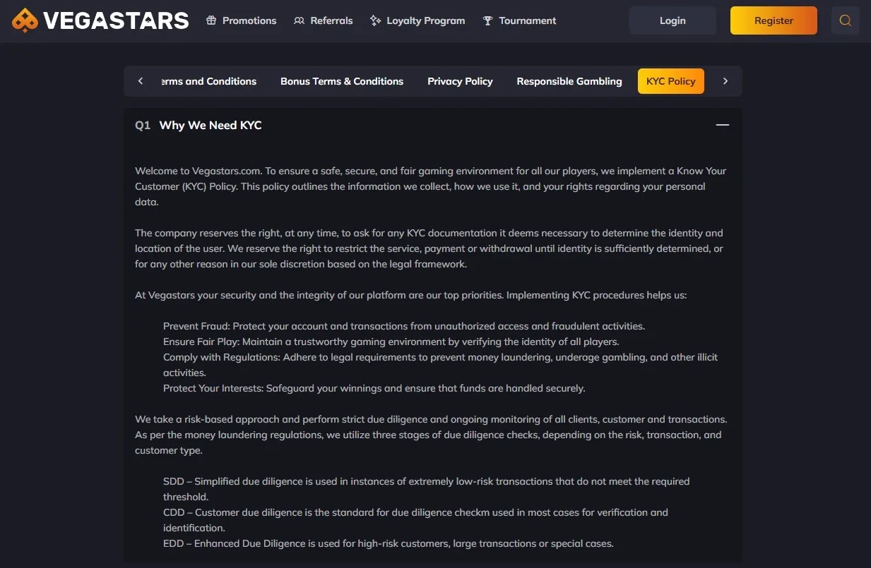 Current official Vegastars verification or KYC screen showing the evidence request without exposing personal information