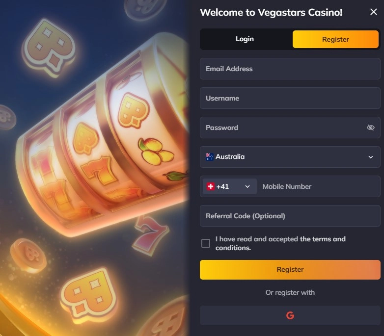 Current Vegastars registration or account-creation screen showing the real sign-up interface