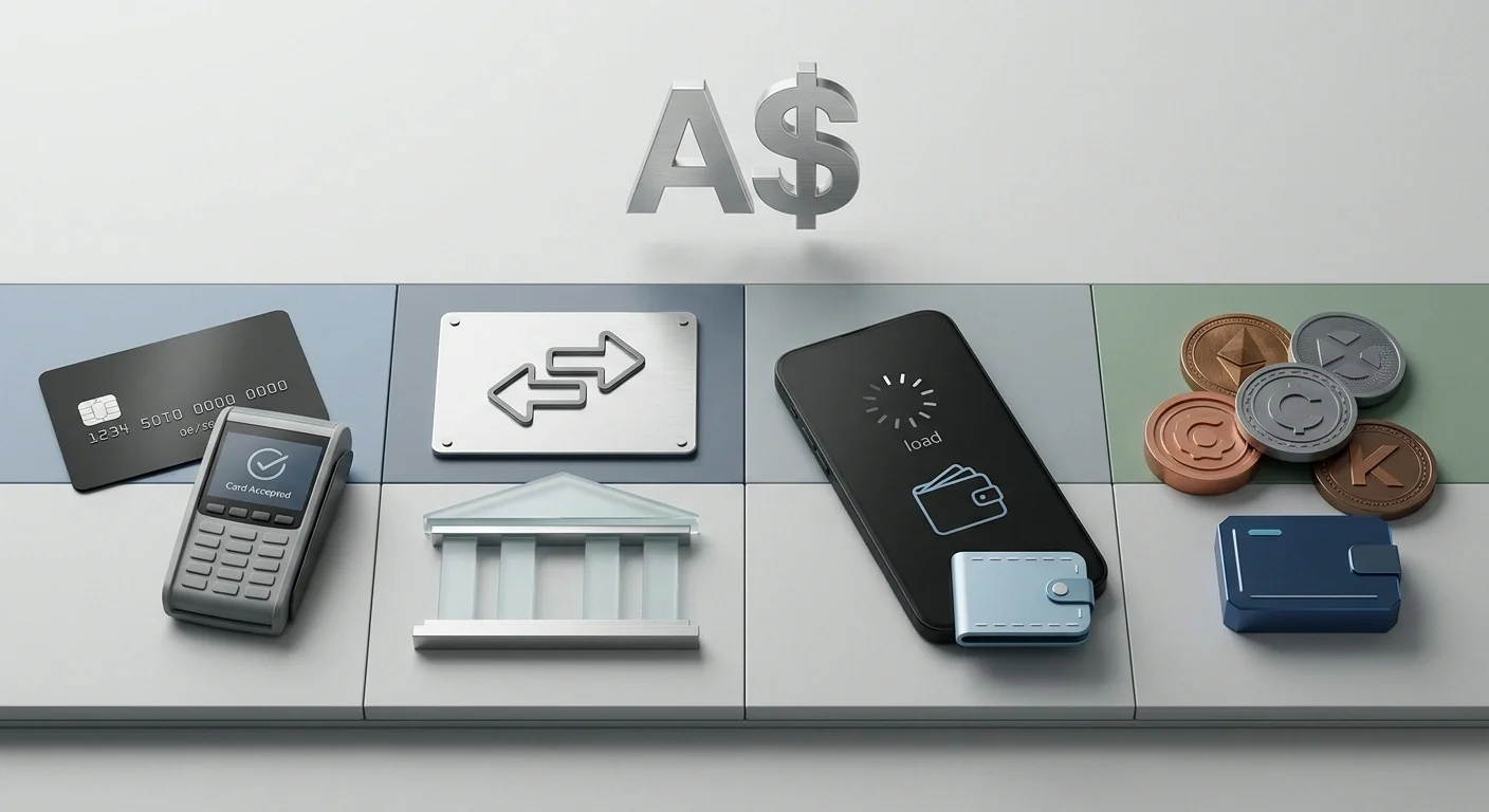 Comparison of Australian dollar payments using cards, bank transfer, e-wallets and cryptocurrency without brand logos