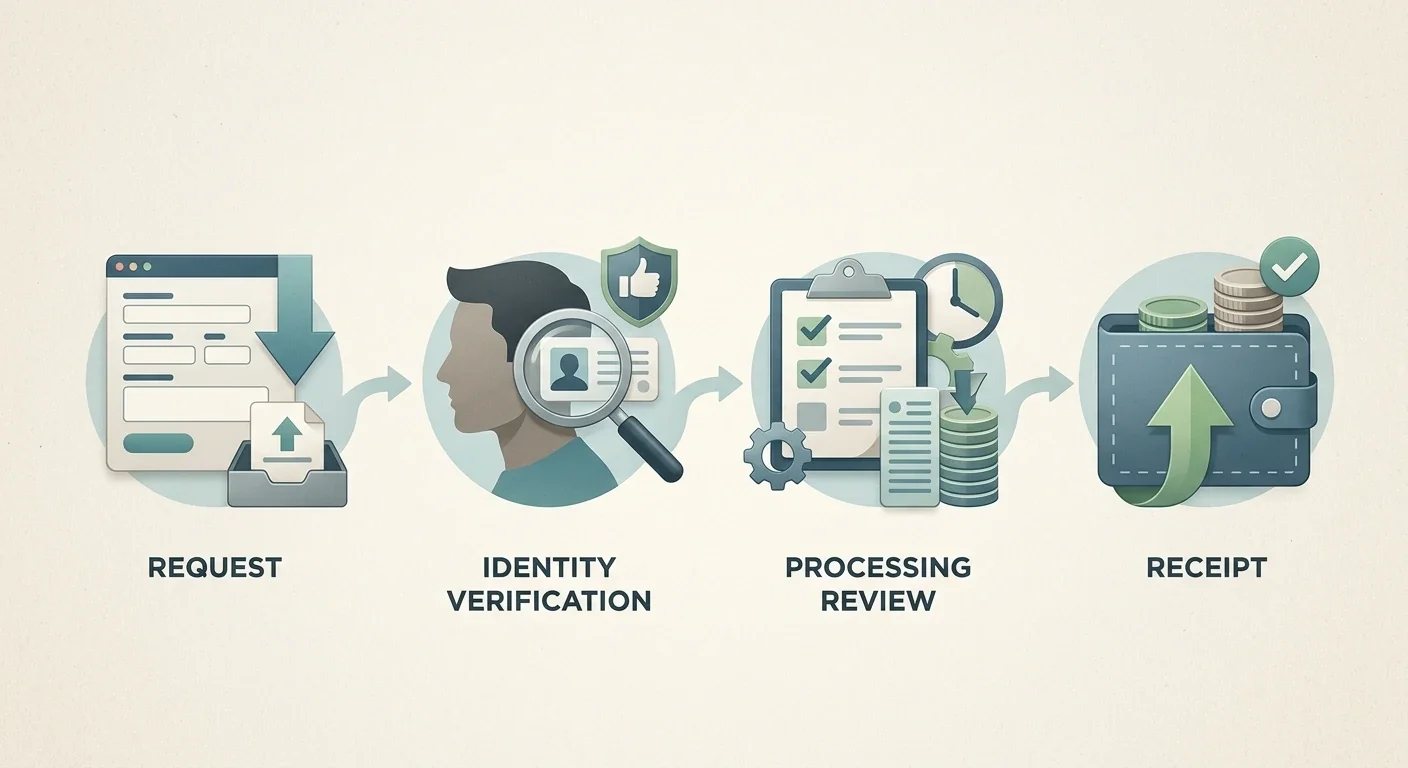 Withdrawal stages from request and verification through processing and receipt