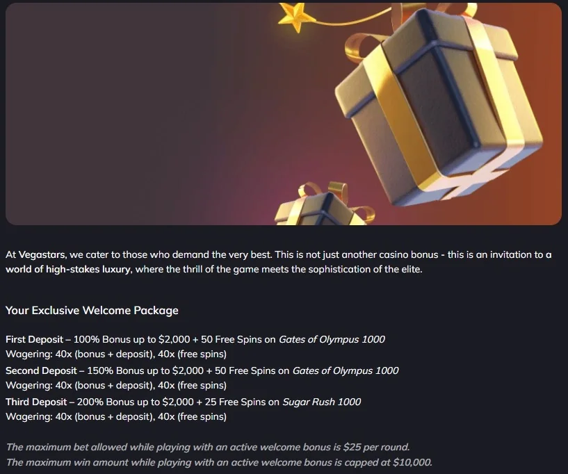 Current Vegastars welcome-offer panel with the three deposit-match stages and the link to the applicable promotion terms