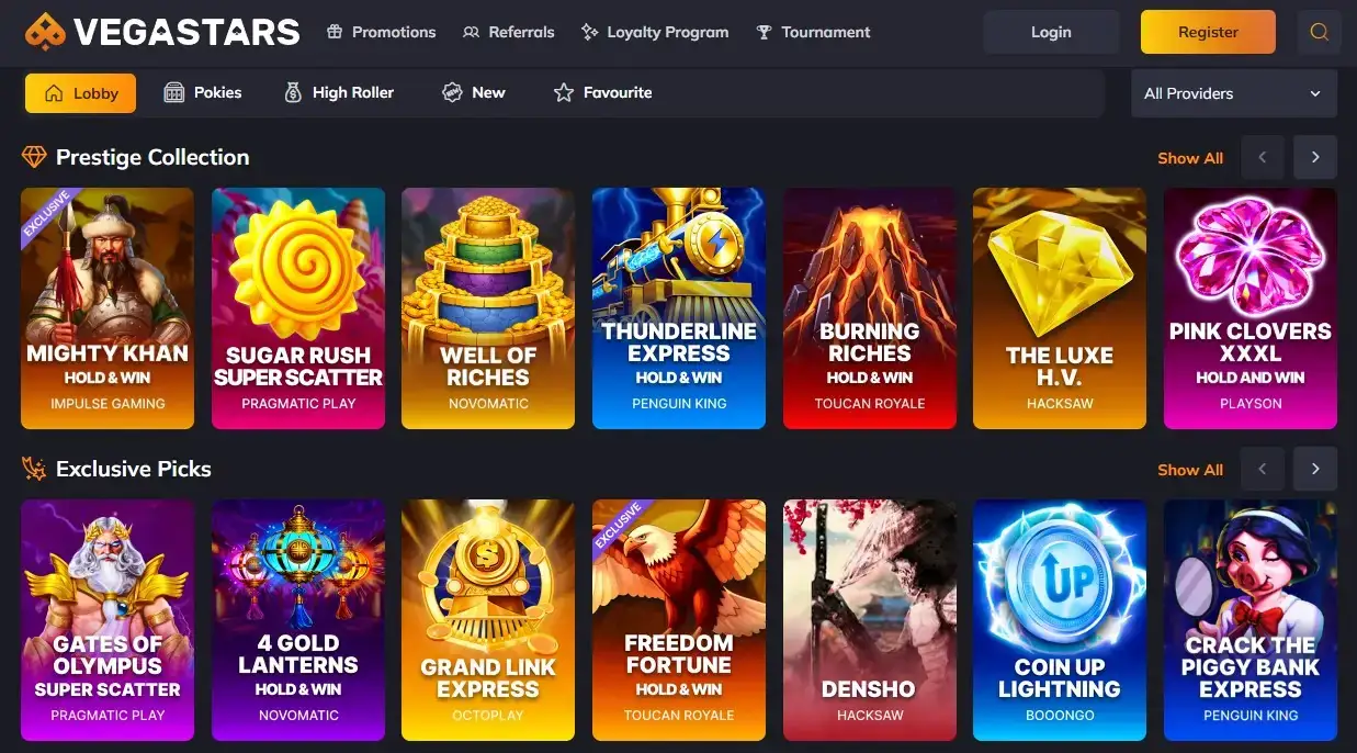 Vegastars casino lobby showing current game categories and navigation